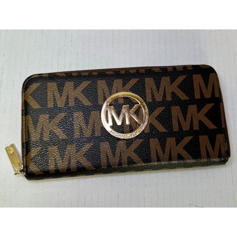 Michael Kors MK Logo Zip-Around Wallet Brown Monogram with Gold Hardware